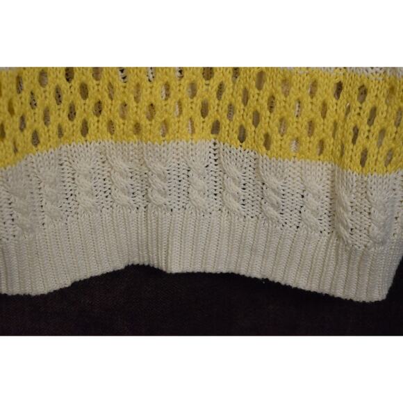 Willi Smith Yellow and White Cable Knit Pullover Sweater Open Knit Strips Sz L - Picture 3 of 8